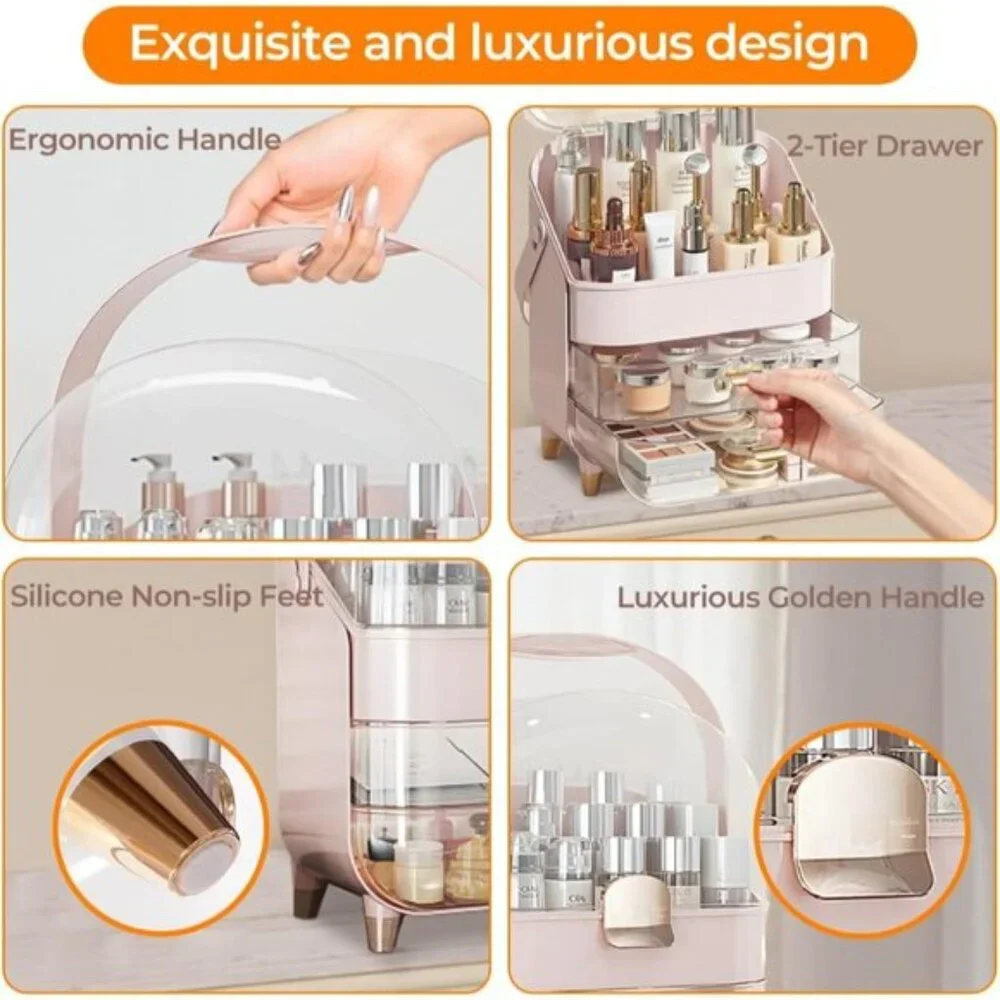 New Makeup Organizer with 2 Drawers & Lid, Dustproof Cosmetic Case for Vanity